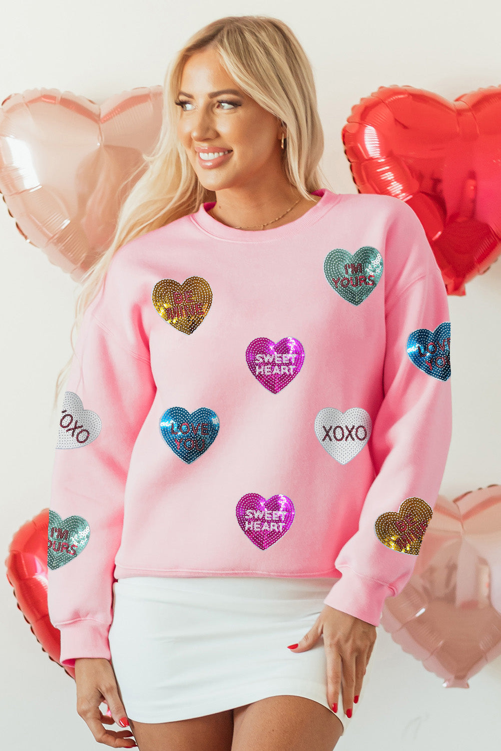 Pink Sequin Romantic Letters Heart Graphic Valentines Sweatshirt - Aaria Tees Aaria Tees