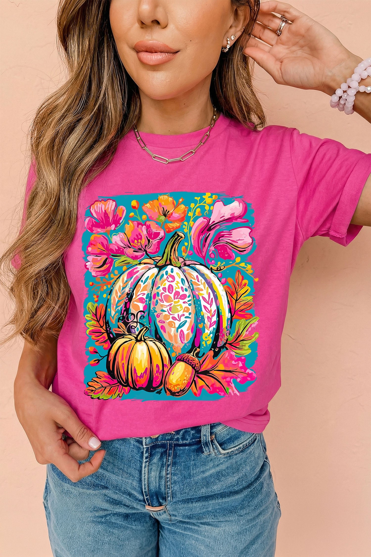 Rose Red Floral Pumpkin Graphic Print Crewneck Relaxed T-Shirt - Aaria Tees Aaria Tees