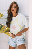 White Star Layered Patched Graphic Drop Shoulder Half Sleeve Loose Tee Aaria Tees