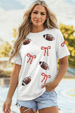 White Sequin Rugby Bow Print Round Neck Casual Shift Tee - Aaria Tees Aaria Tees