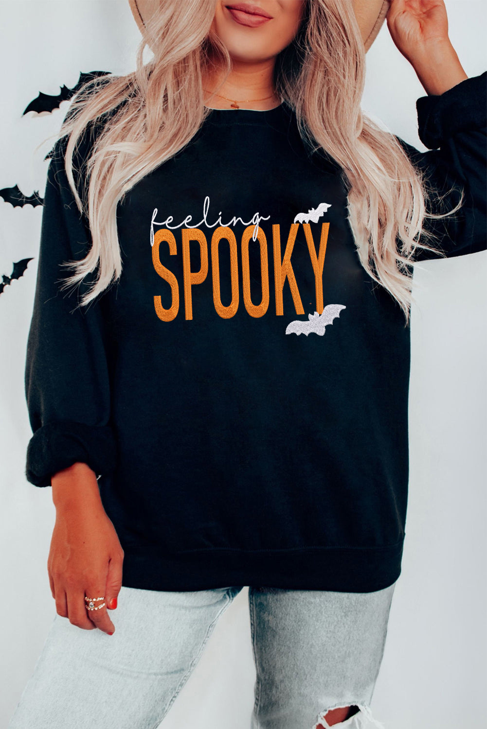 Black Feeling Spooky Halloween Embroidered Graphic Baggy Sweatshirt - Aaria Tees Aaria Tees