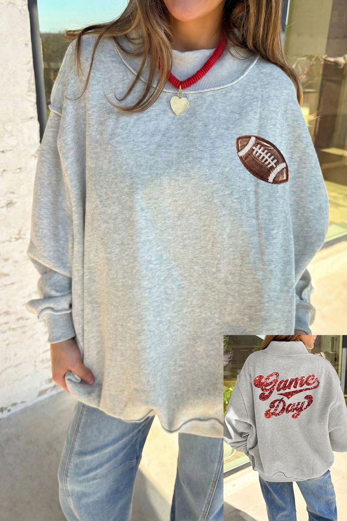 Light Grey Football Patch Sequin Game Day Lettering Mock Neck Tunic Sweatshirt - Aaria Tees
