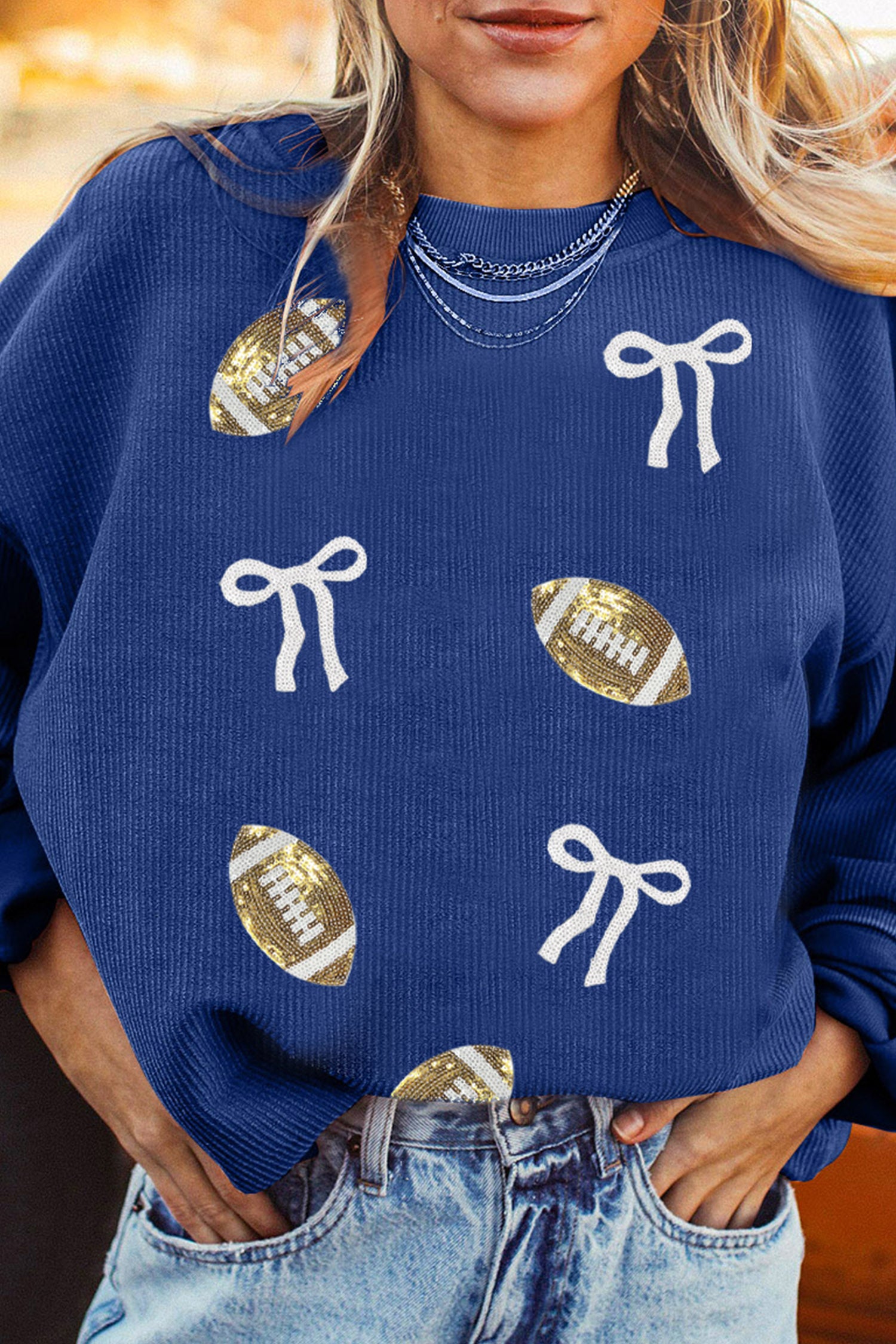 Dark Blue Corded Rib Sequin Rugby Bow Graphic Dropped Shoulder Sweatshirt - Aaria Tees Aaria Tees