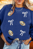 Dark Blue Corded Rib Sequin Rugby Bow Graphic Dropped Shoulder Sweatshirt - Aaria Tees Aaria Tees