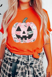 Orange Patchwork Pumpkin Graphic Short Sleeve Round Neck Tee Aaria Tees