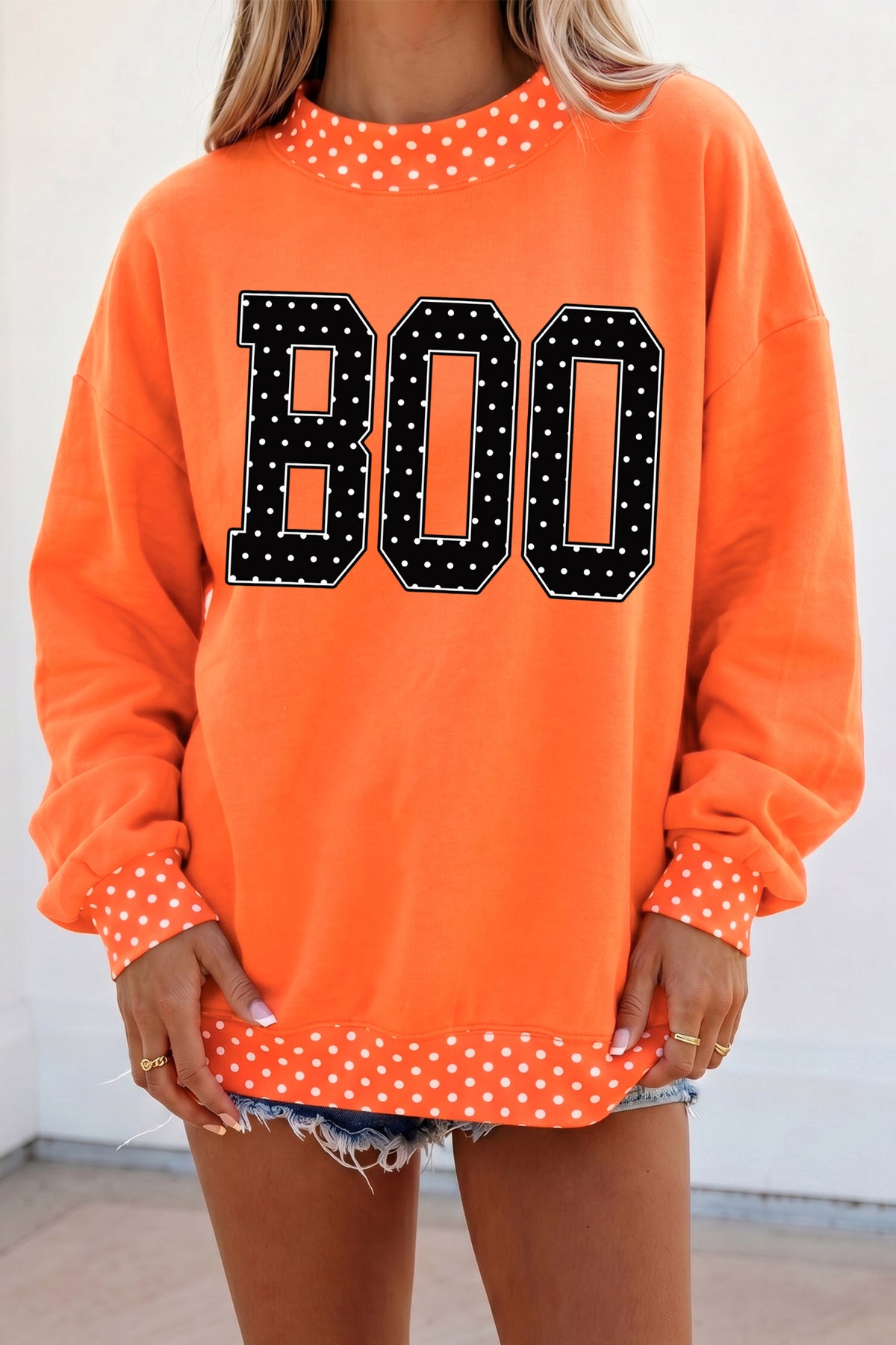 Orange Polka Dot Contrast Trim BOO Letter Print Baggy Graphic Sweatshirt