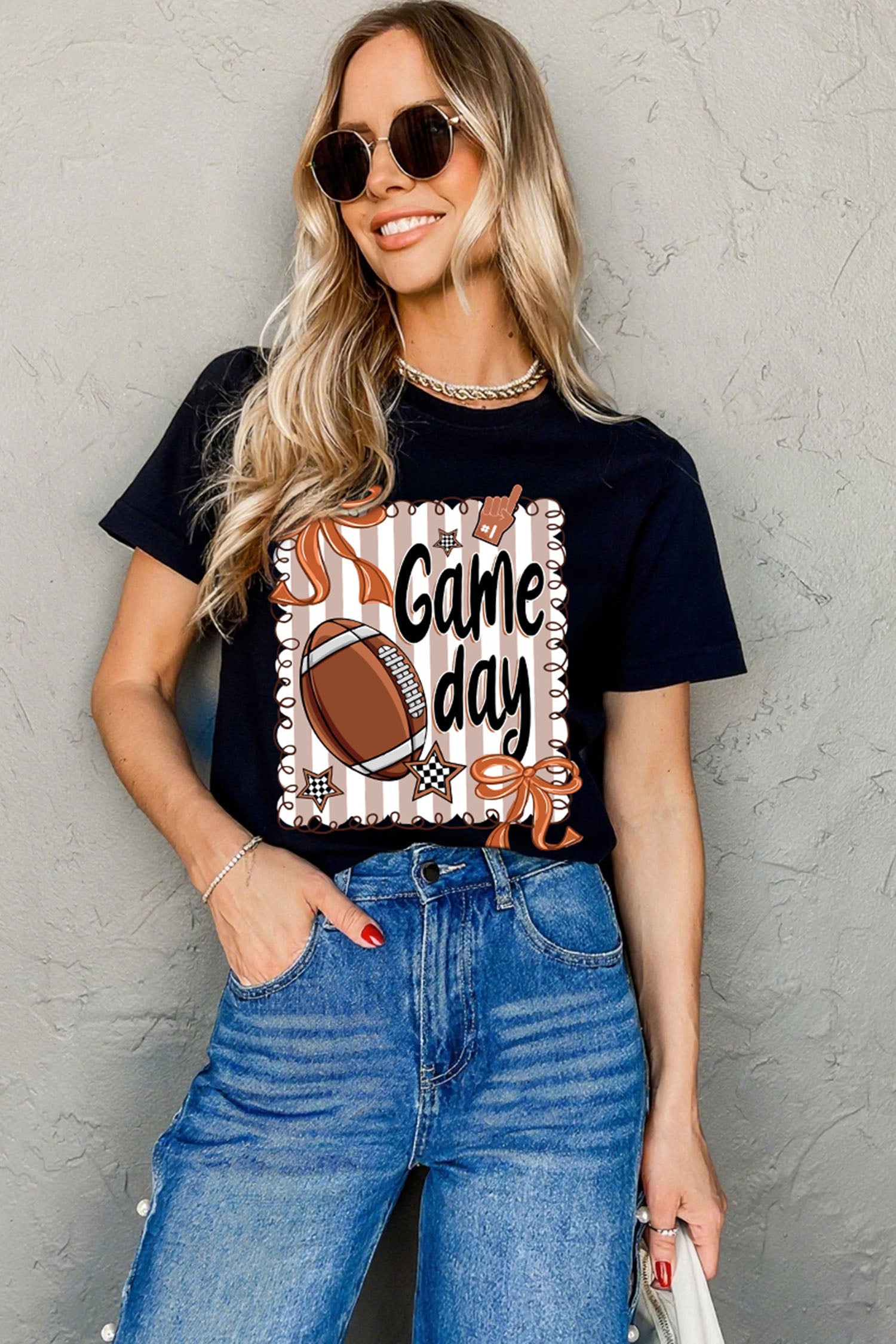 Black Casual Game Day Football Striped Tee - Aaria Tees Aaria Tees