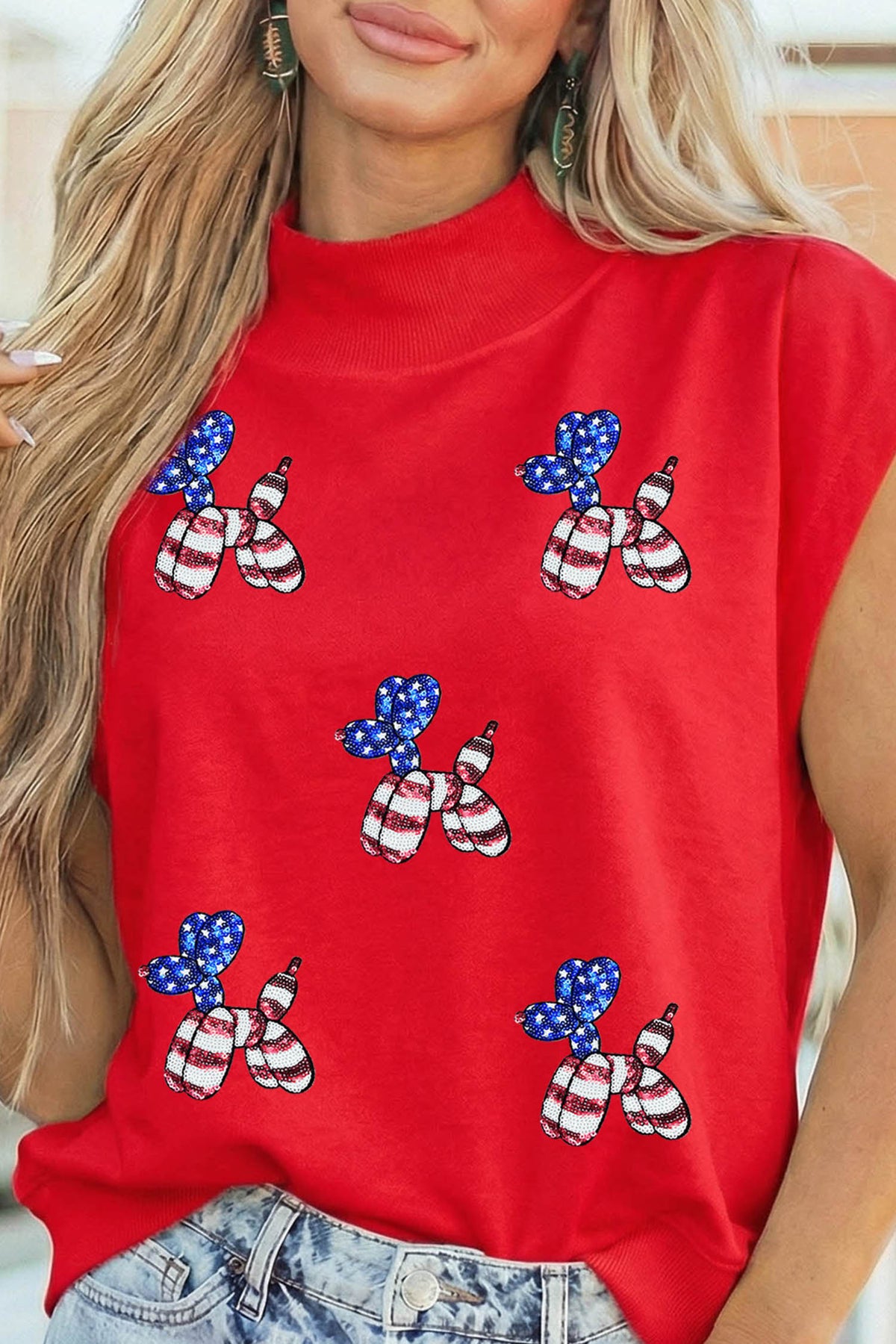 Racing Red Sequin American Flag Balloon Dog High Neck Short Sleeve Top - Aaria Tees