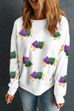 White Sequined Mardi Gras Mask Pattern Drop Shoulder Sweatshirt Aaria Tees