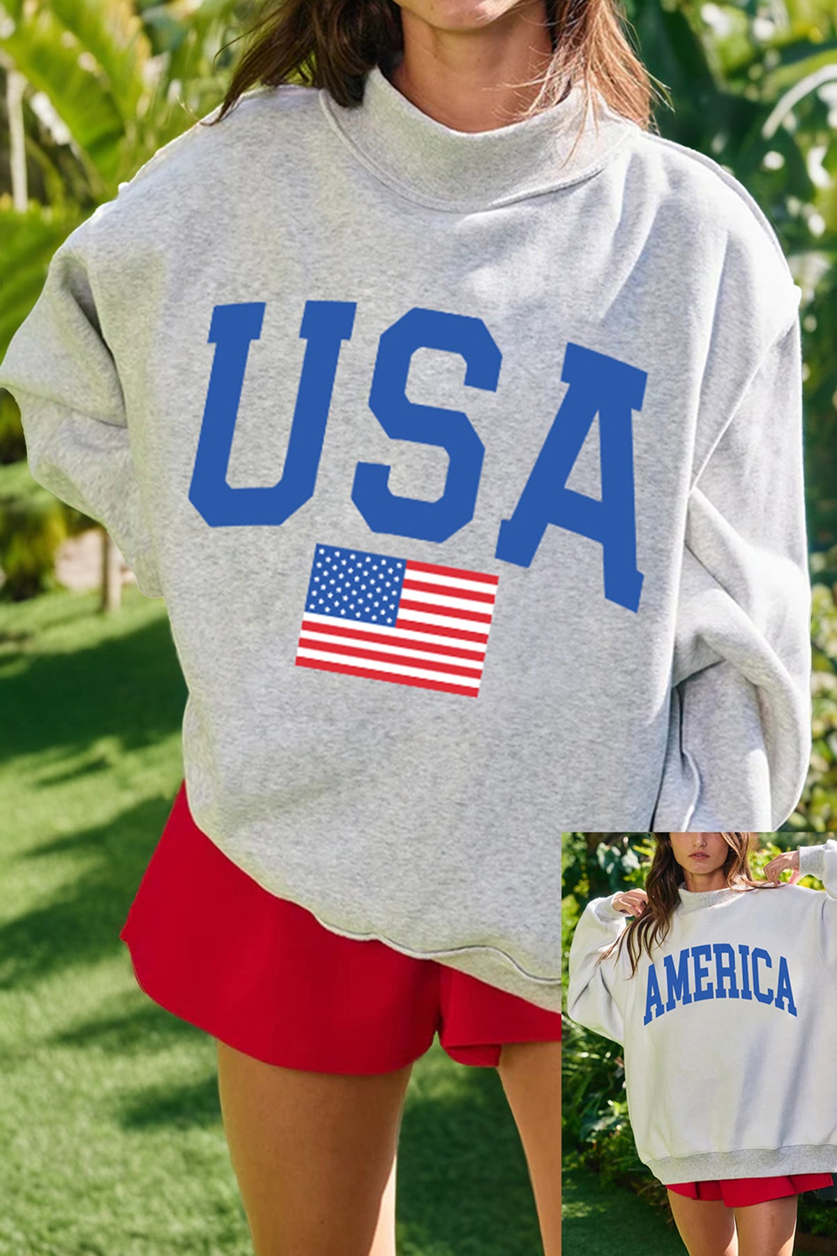 Light Grey Mock Neck Reversible USA/America Graphic Sweatshirt - Aaria Tees