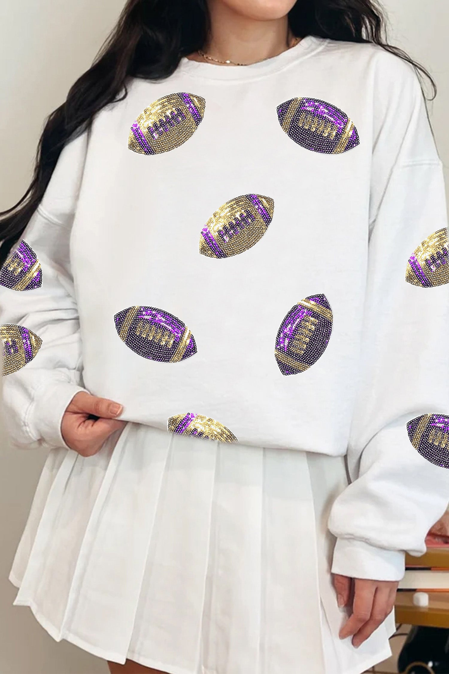 White Game Day Sequin Rugby Pattern Baggy Sweatshirt - Aaria Tees Aaria Tees