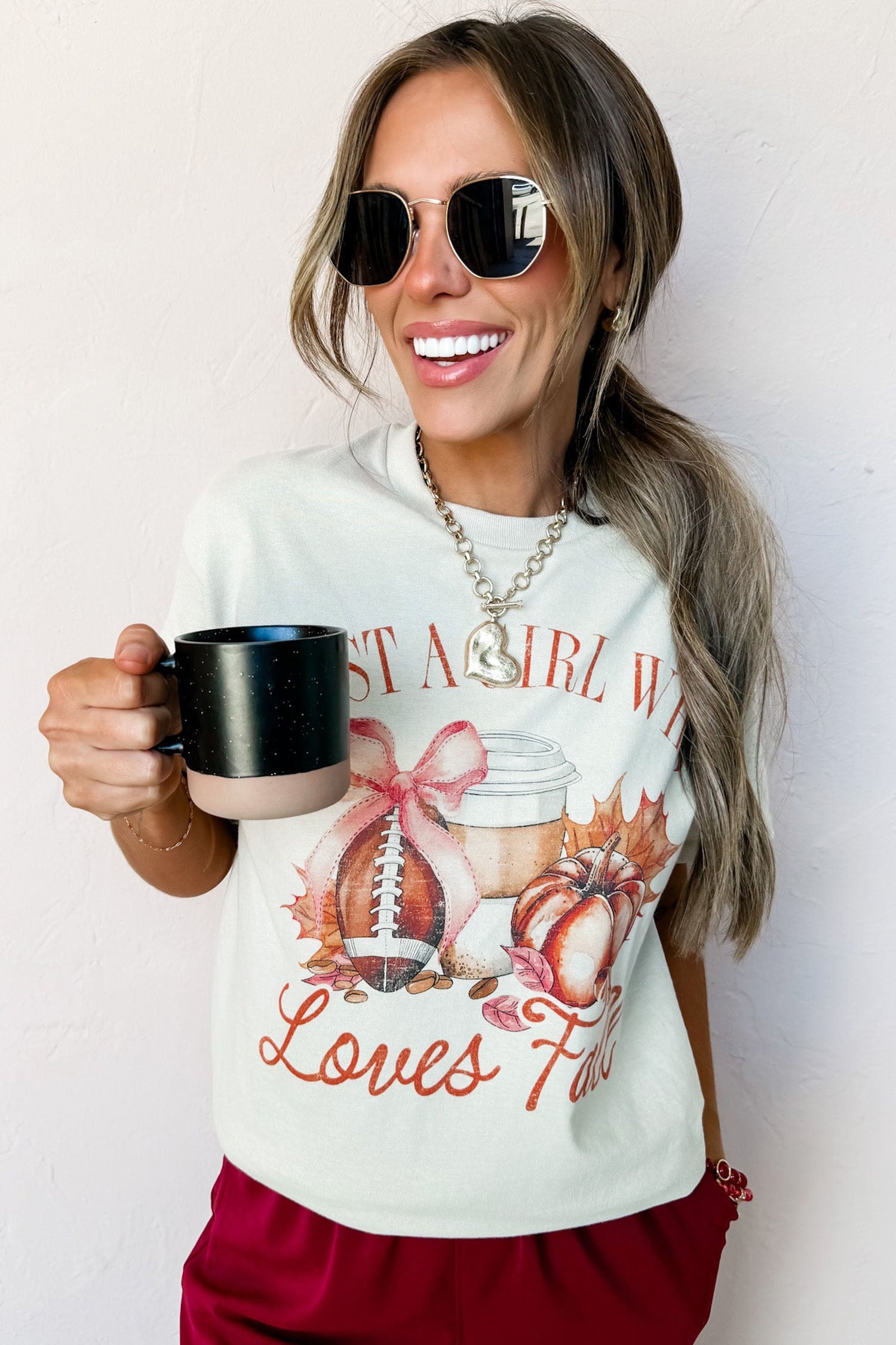 White JUST A GIRL WHO Loves Fall Graphic Casual Tee - Aaria Tees Aaria Tees