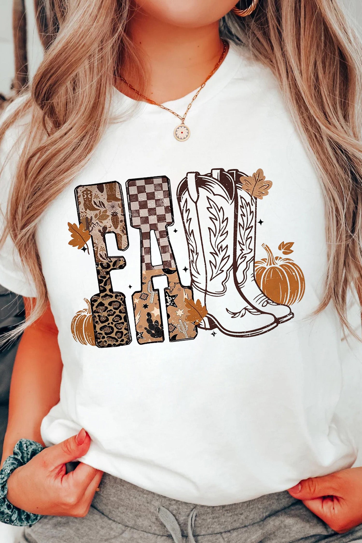 White FALL Letter Print Western Thanksgiving Graphic T-Shirt - Aaria Tees Aaria Tees
