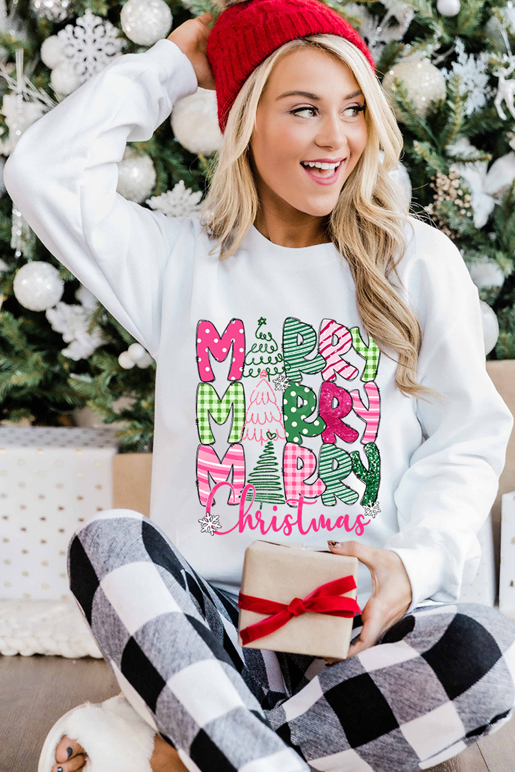 Beige MERRY Christmas Printed Drop Shoulder Pullover Sweatshirt - Aaria Tees Aaria Tees