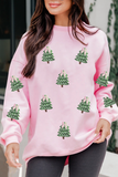 Pink Sequined Xmas Tree Patched Patterned Holiday Pullover Sweatshirt Aaria Tees