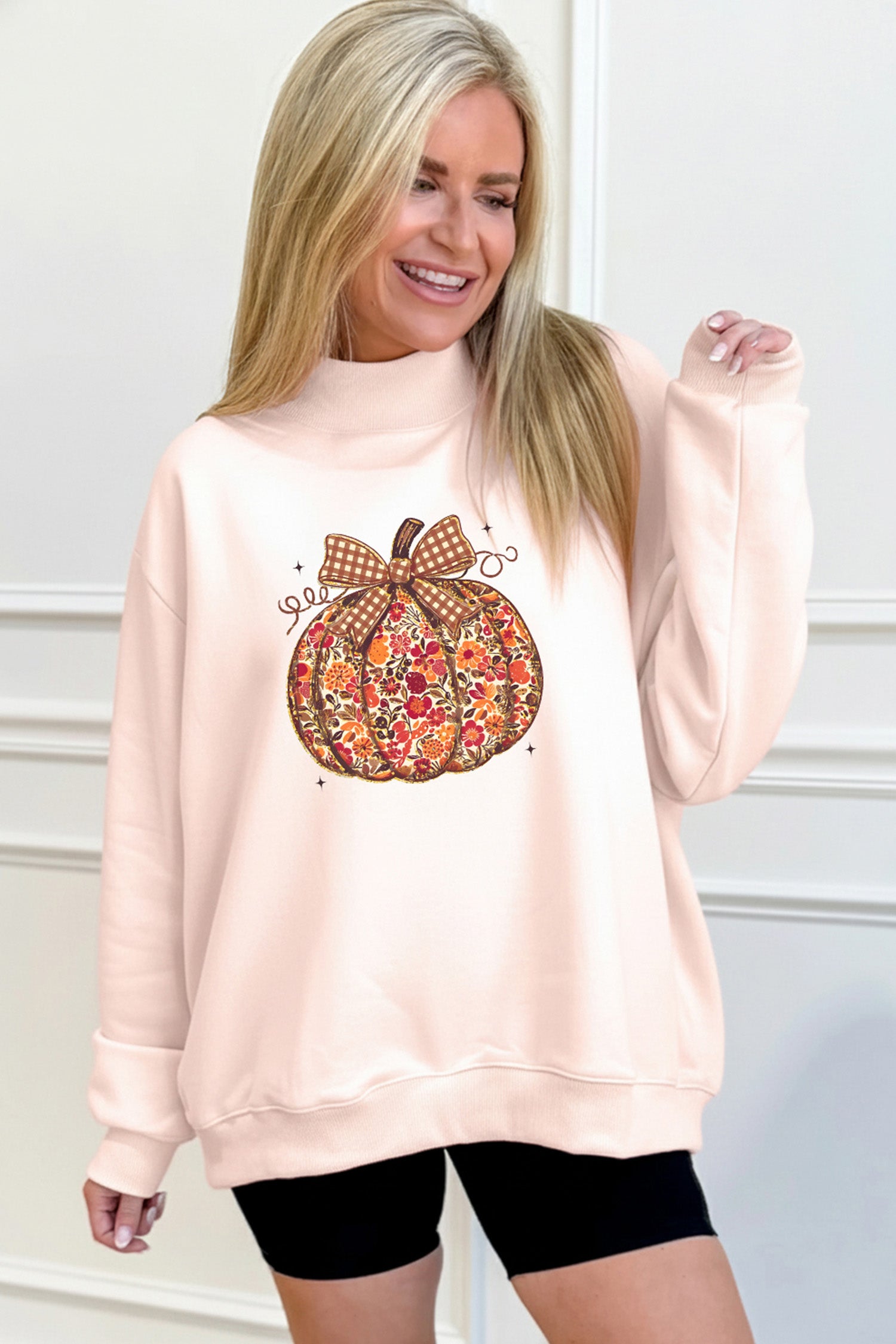 Apricot Pink Floral Pumpkin Graphic Mock Neck Oversized Sweatshirt - Aaria Tees Aaria Tees