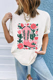 White Western Boots Flower Print Round Neck T Shirt Aaria Tees
