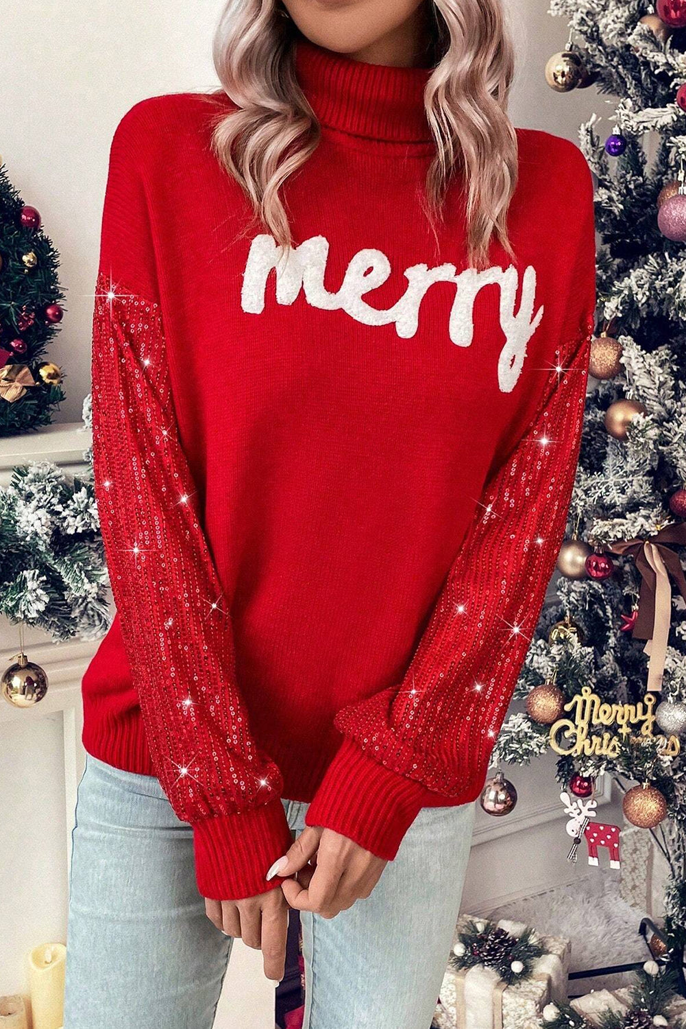 Racing Red Merry Graphic Sequin Sleeves Christmas Turtleneck Sweater - Aaria Tees Aaria Tees