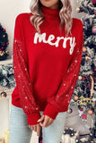 Racing Red Merry Graphic Sequin Sleeves Christmas Turtleneck Sweater - Aaria Tees Aaria Tees