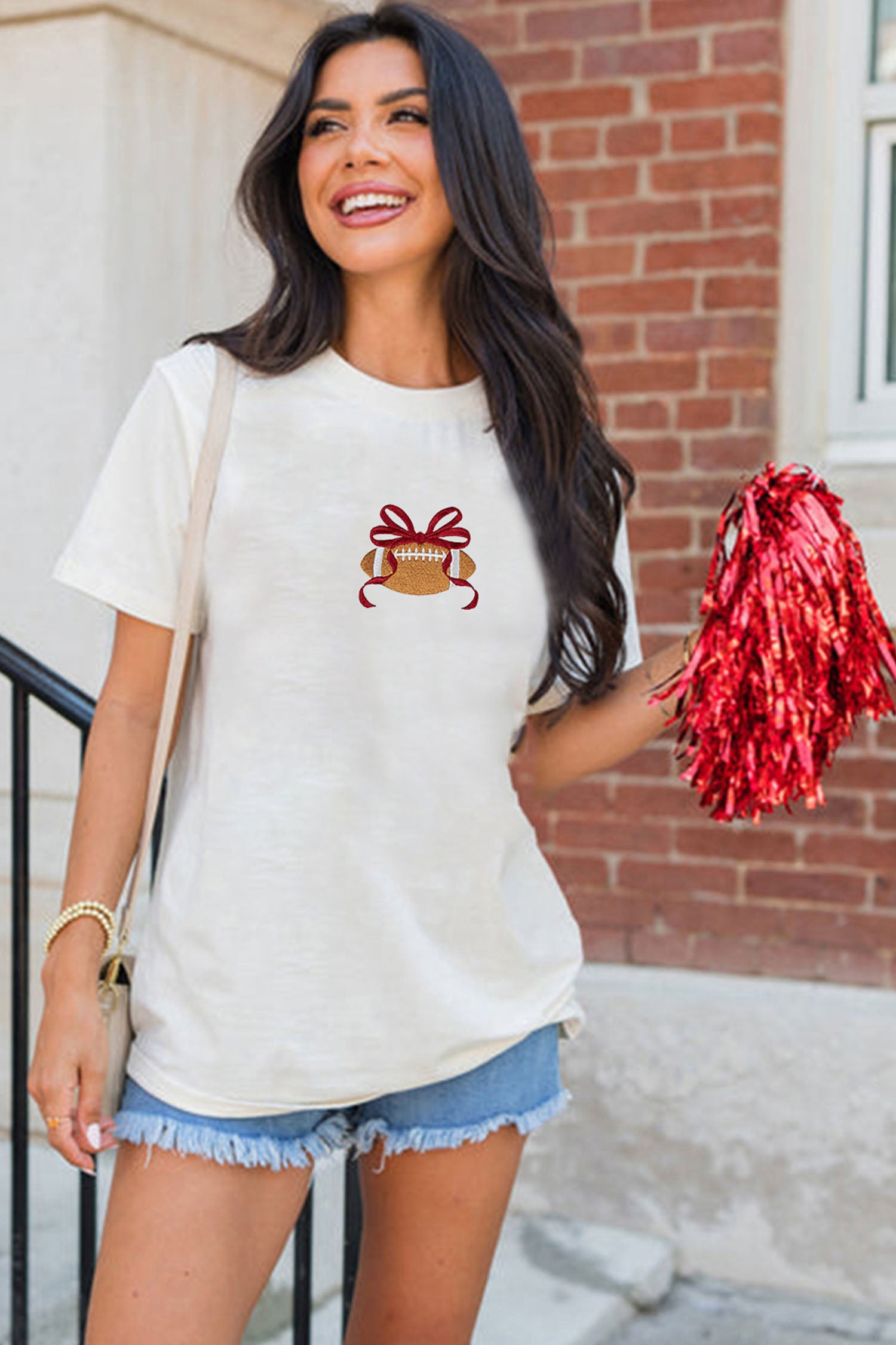 White Embroidered Bow Rugby Graphic Casual T-Shirt - Aaria Tees Aaria Tees