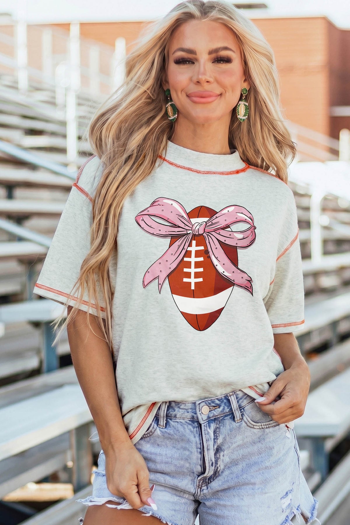 Light Grey Sweet Bow Rugby Football Graphic Contrast Stitched Tee - Aaria Tees