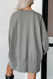 Medium Grey Sequin Happy Halloween Graphic Notched Neck Long Sleeve Loose Top - Aaria Tees Aaria Tees