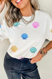 White Sequin Shell Graphic Summer Loose T Shirt Aaria Tees
