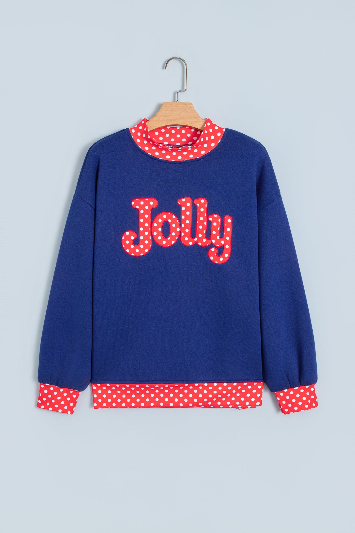 Sail Blue Polka Dot Letter Print Contrast Trim Mock Neck Sweatshirt - Aaria Tees Aaria Tees