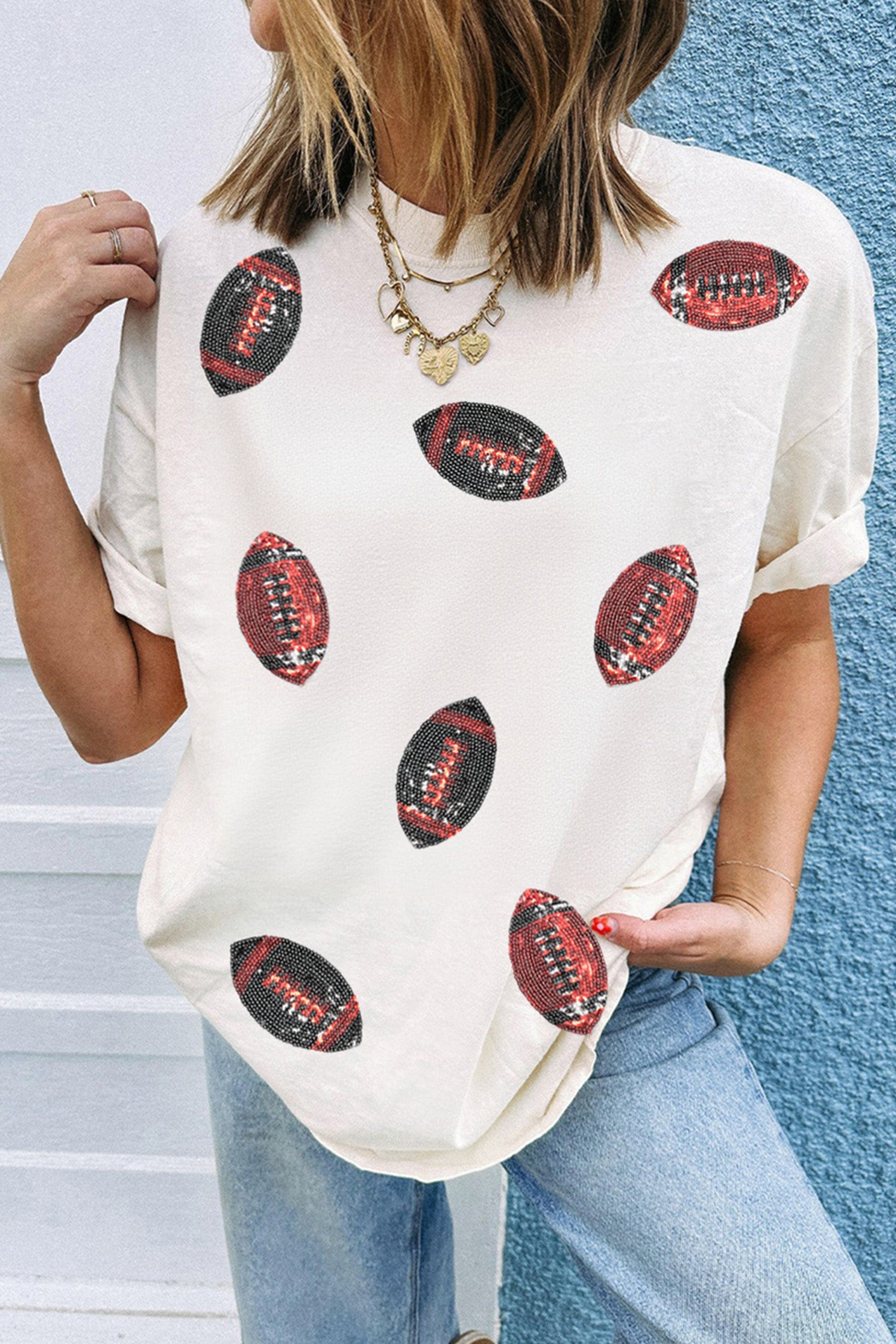 White Sequin Rugby Pattern Round Neck Casual T Shirt - Aaria Tees Aaria Tees