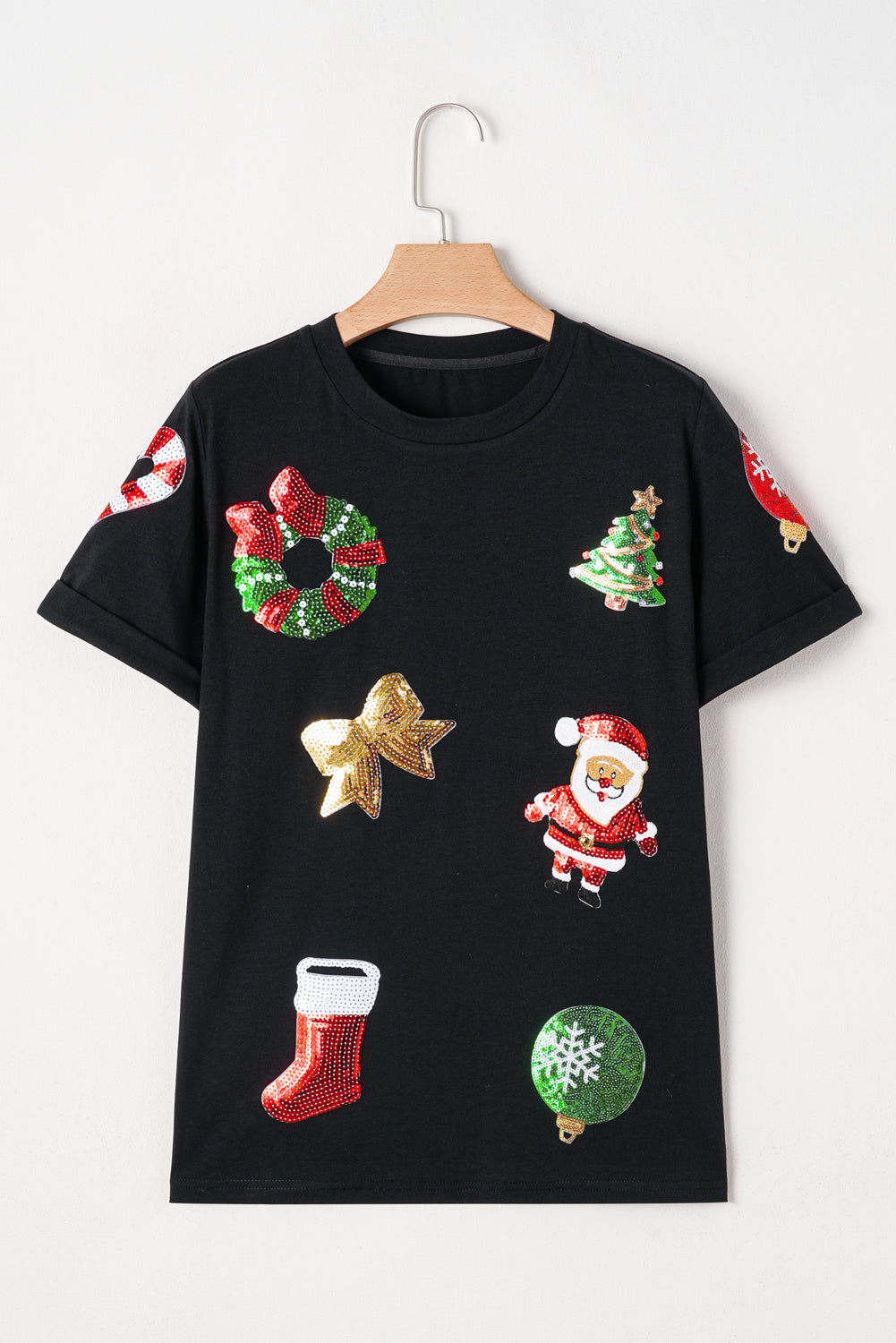 Black Sequin Christmas Essentials Graphic Crewneck T Shirt - Aaria Tees Aaria Tees
