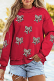 Racing Red Sequin Bowknot Mock Neck Game Day Casual Sweatshirt Aaria Tees