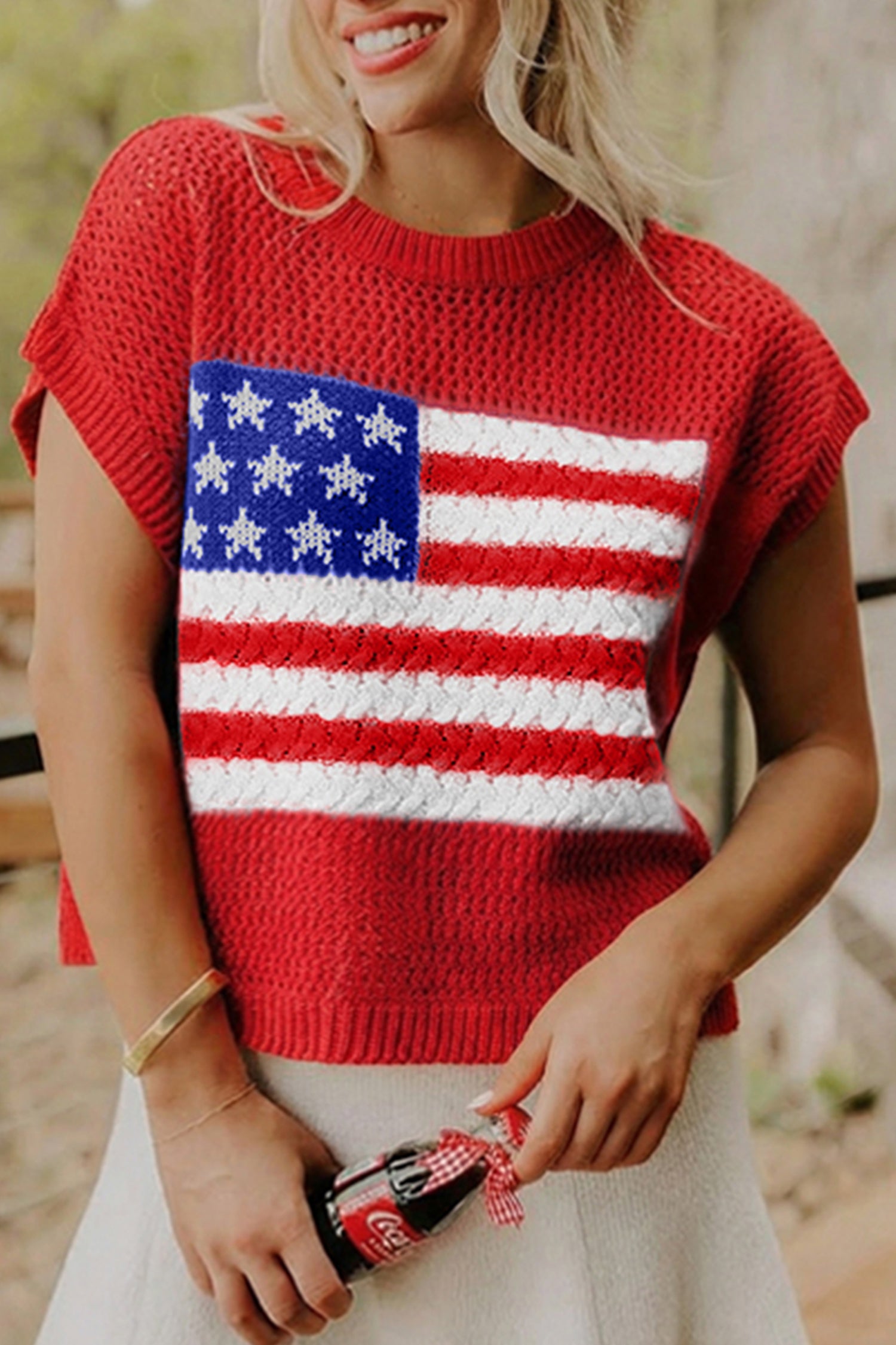 Sky Blue Flag Graphic Short Sleeve Sweater Top - Aaria Tees Aaria Tees