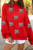 Racing Red Sequin Bowknot Mock Neck Game Day Casual Sweatshirt Aaria Tees