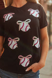 Black Shimmering Sequin Bow Ball Patterned Game Day Casual Tee Aaria Tees