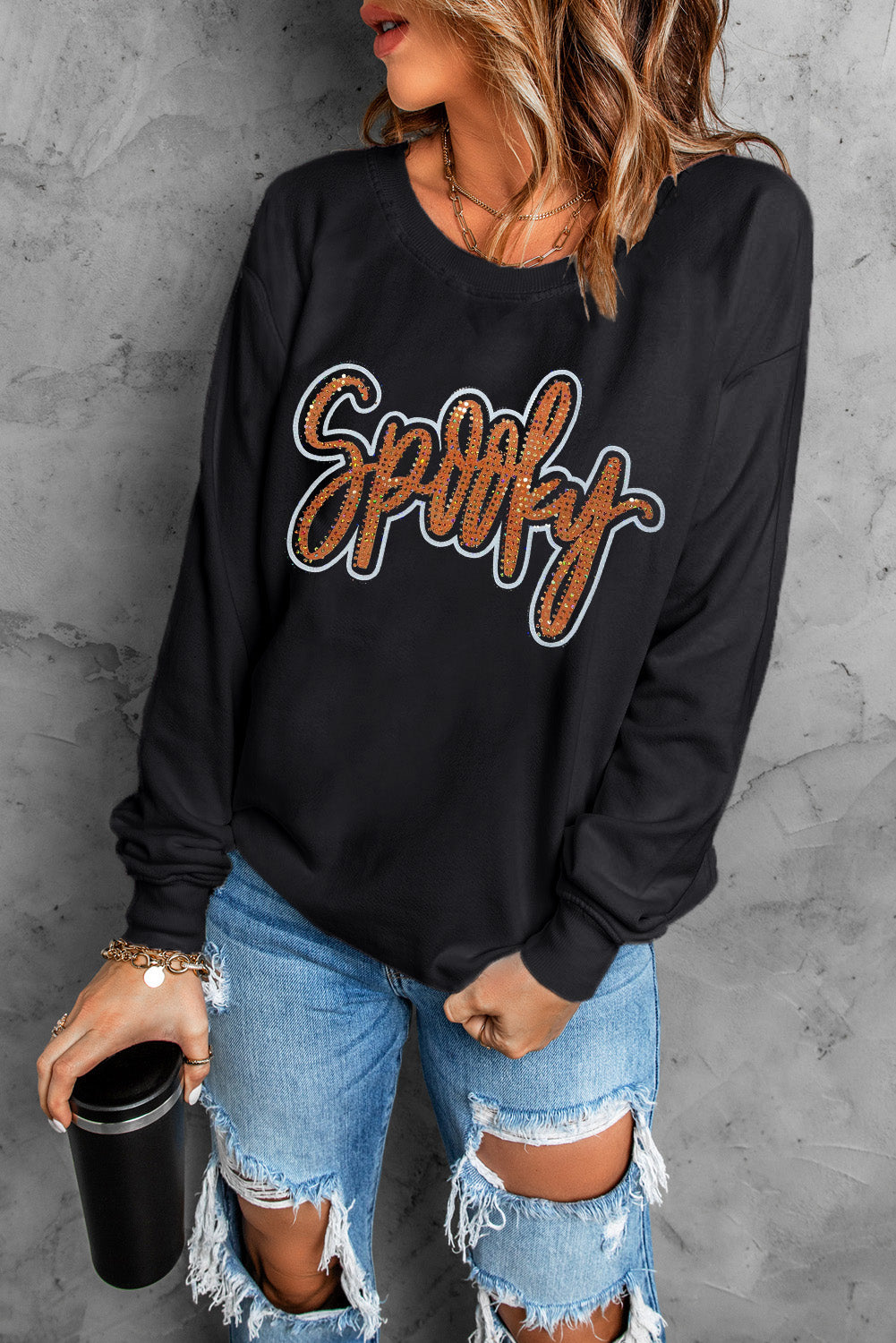 Black Spooky Rhinestone Drop Shoulder Graphic Sweatshirt - Aaria Tees Aaria Tees
