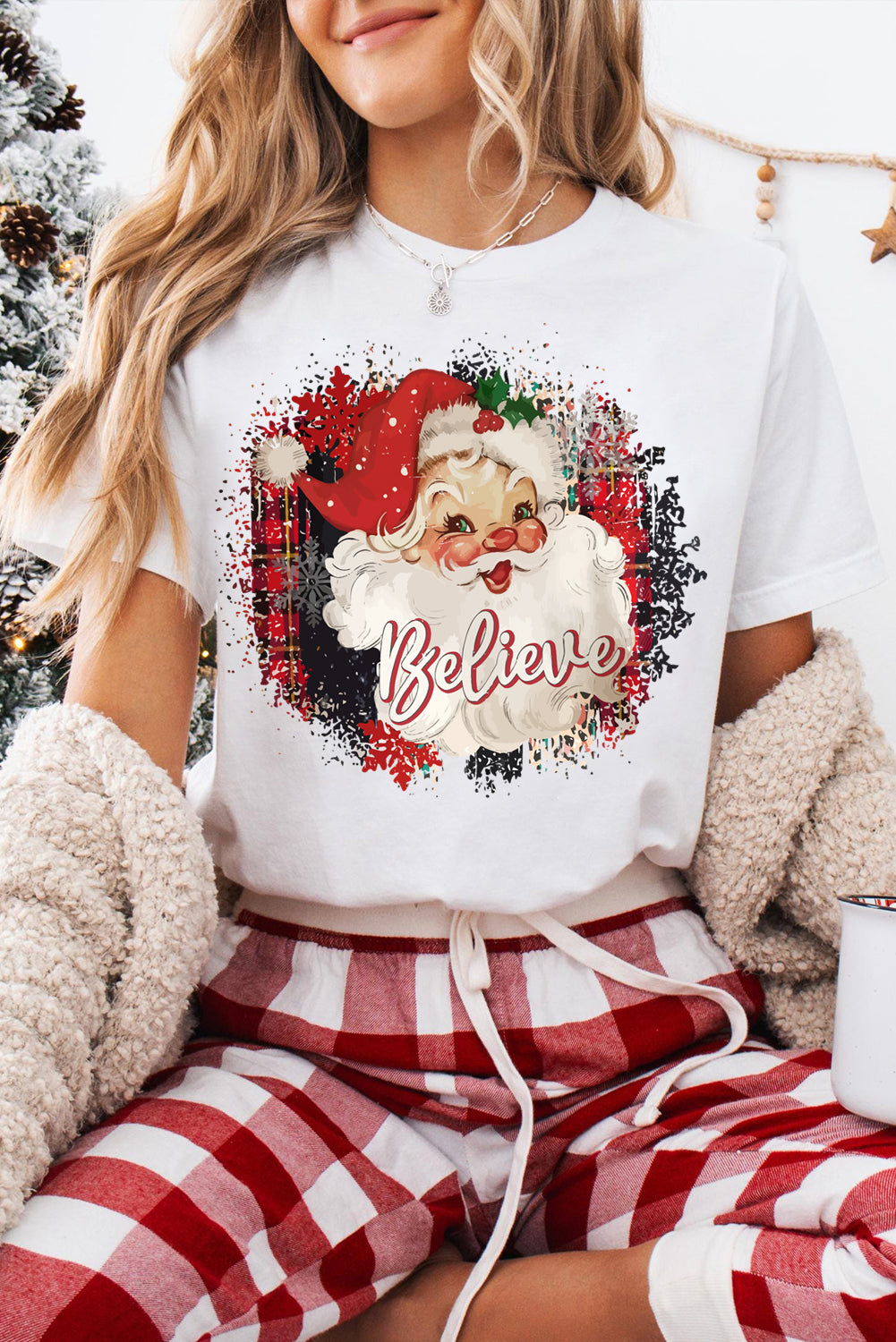 White Believe Christmas Father Graphic Crewneck T Shirt - Aaria Tees