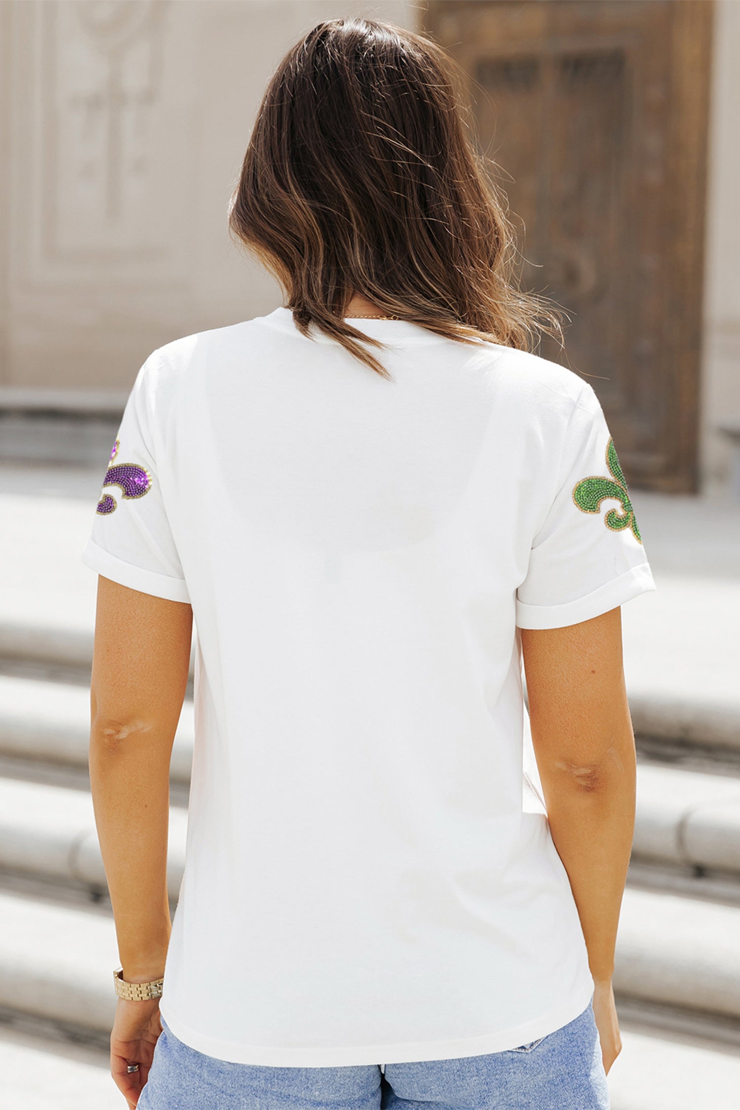 White Mardi Gras Fleur De Lis Sequin Graphic T Shirt - Aaria Tees Aaria Tees