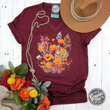 Fall Boho Floral Heather Cardinal V-Neck Short Sleeve Tee Aaria Tees