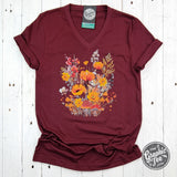 Fall Boho Floral Heather Cardinal V-Neck Short Sleeve Tee Aaria Tees