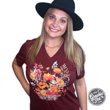 Fall Boho Floral Heather Cardinal V-Neck Short Sleeve Tee Aaria Tees