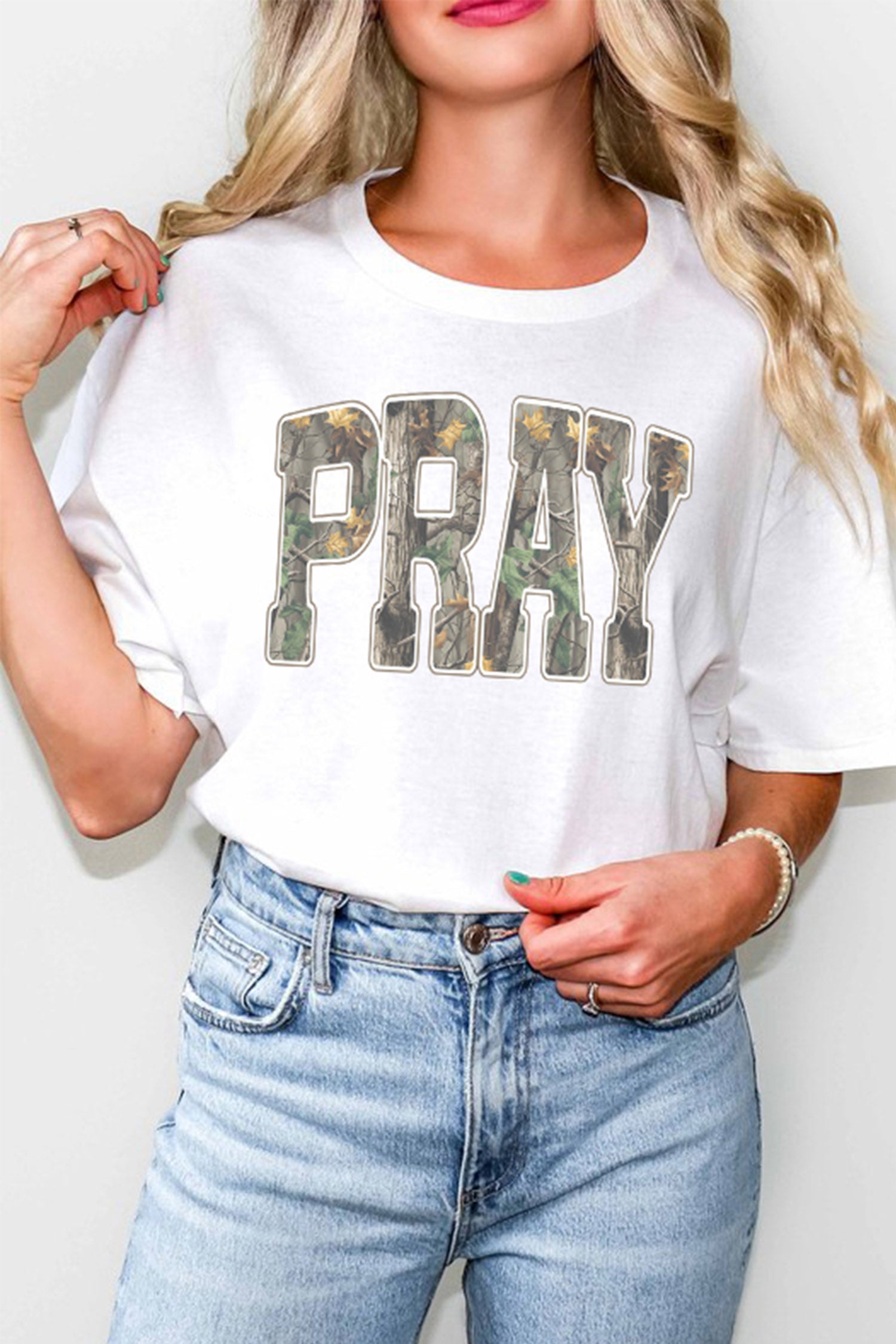 White PRAY Camo Letter Print Casual Round Neck T Shirt - Aaria Tees Aaria Tees
