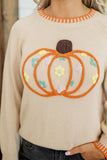 Parchment Floral Embroidery Pumpkin Long Sleeve Round Neck Sweater - Aaria Tees Aaria Tees