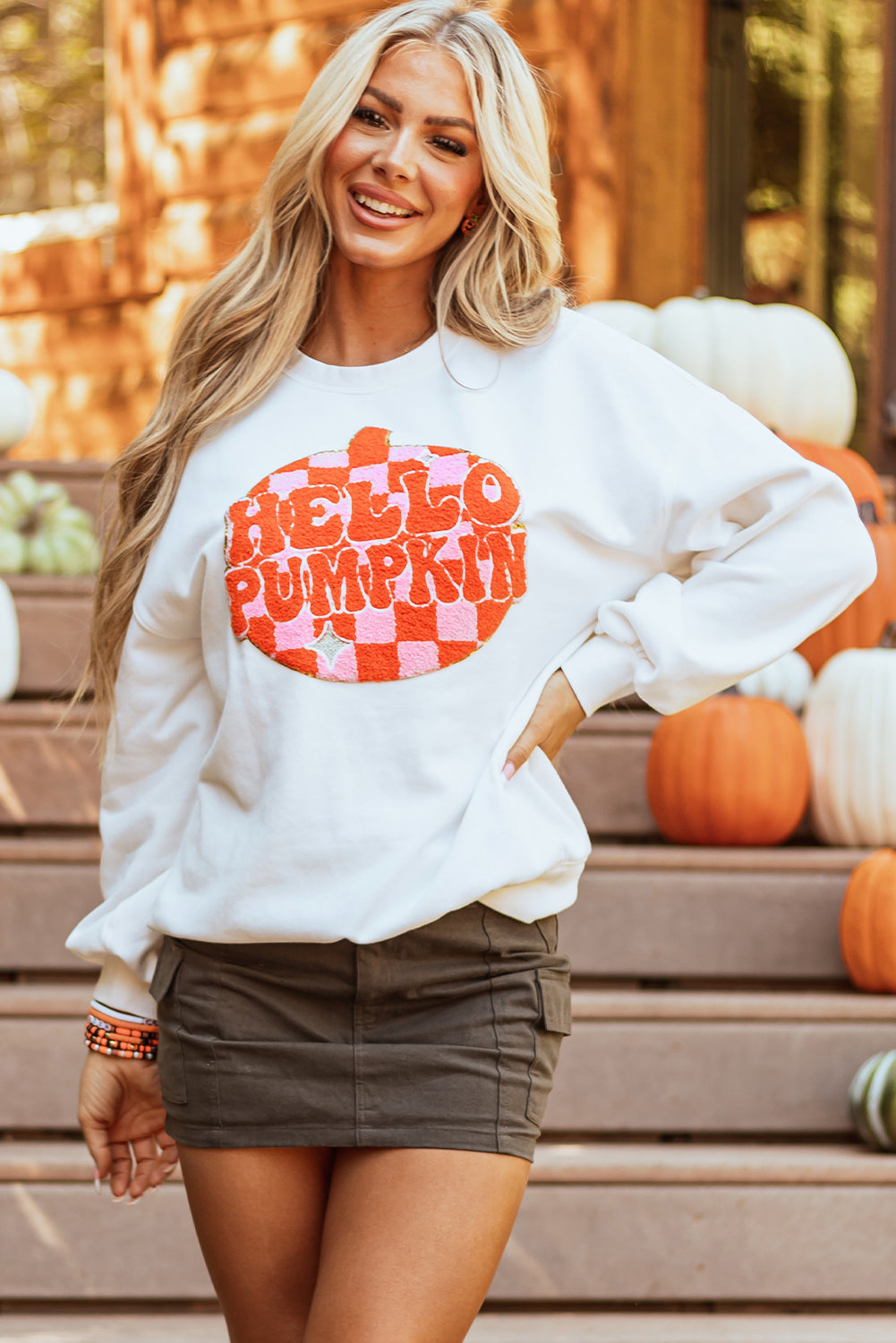 White Terry Halloween Pumpkin Patched Pattern Pullover Sweatshirt - Aaria Tees Aaria Tees