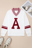 Red Dahlia Chenille Letter A Graphic Varsity Striped V Neck Puff Sleeve Sweatshirt Aaria Tees