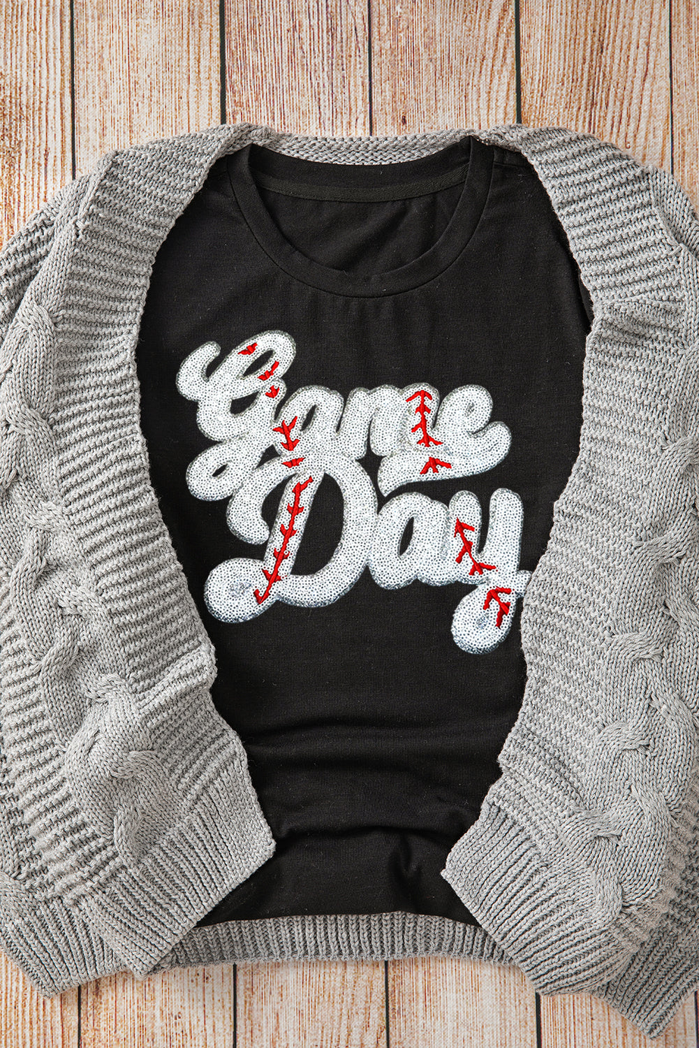 Black Sequin Game Day Graphic Crew Neck Tee - Aaria Tees Aaria Tees