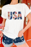 White USA Faux Patchwork Graphic Tee Aaria Tees