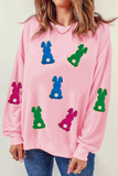 Pink Easter Bunny Chenille Patched Graphic Drop Shoulder Sweatshirt Aaria Tees