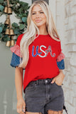 Fiery Red Sequin USA Lettering Patriotic Contrast Splicing Sleeve Top Aaria Tees