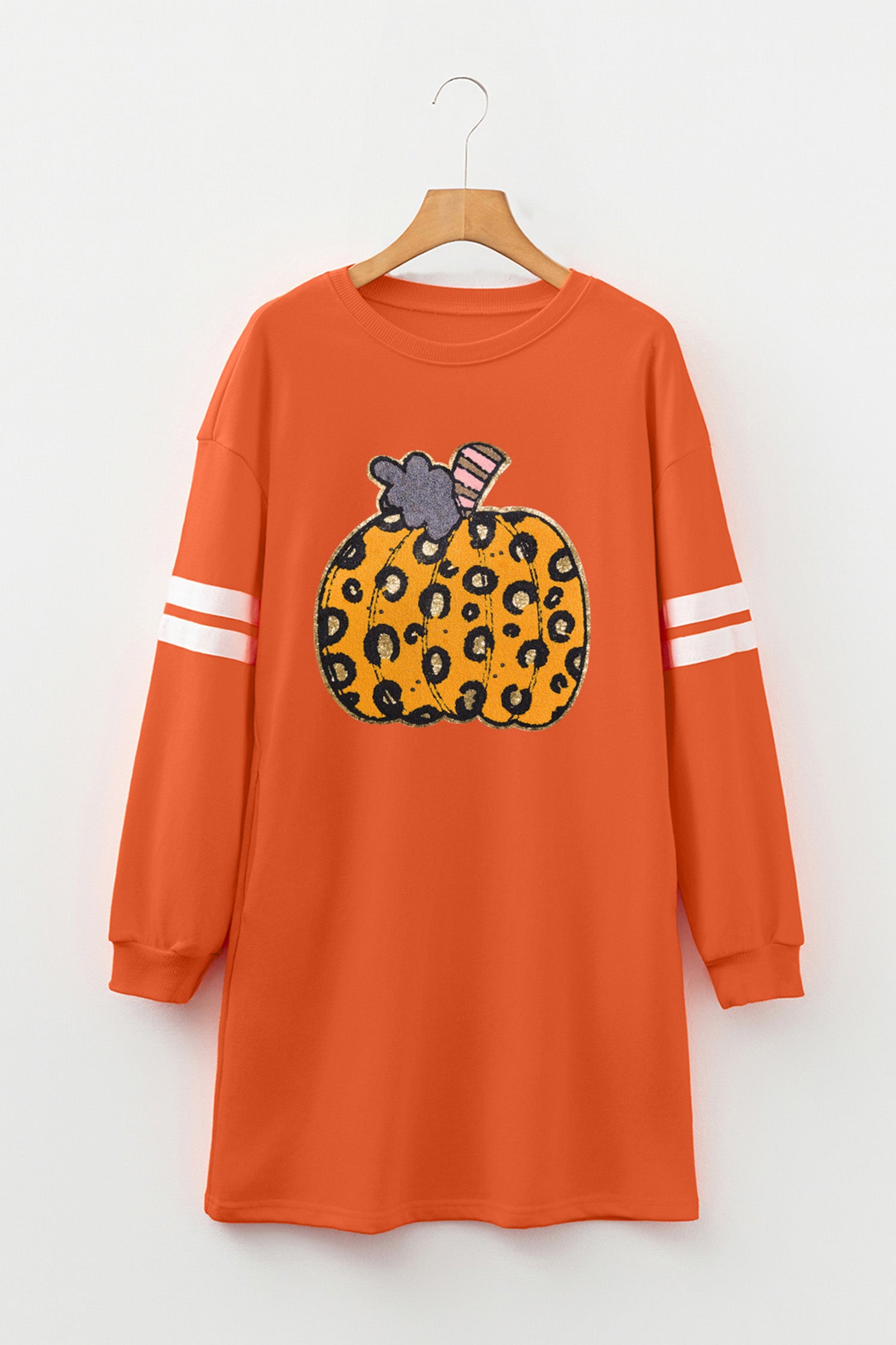 Orange Leopard Print Pumpkin Graphic Varsity Striped Long Sleeve Tunic Dress - Aaria Tees Aaria Tees