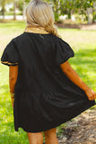 Black Glistening Easter Egg Sequin Trim Half Button Puff Sleeve Dress Aaria Tees